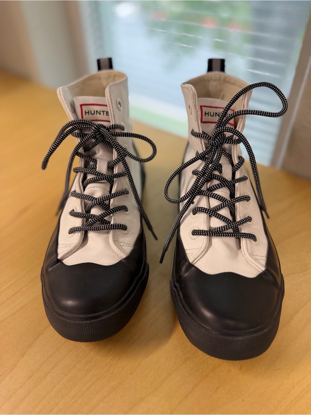 Hunter x Target: White Canvas- Black Rubber High-Top Lace-Up Boots- 8